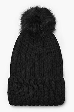Boohoo Faux Fur Pom Rib Beanie