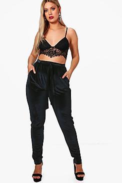 Boohoo Plus Jess Tie Waist Velvet Trouser
