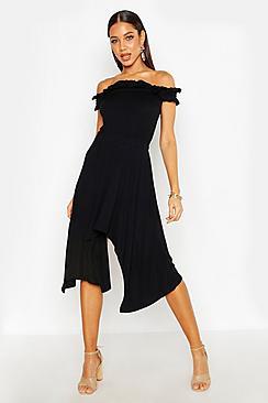 Boohoo Ruffle Bardot Hanky Hem Skater Dress
