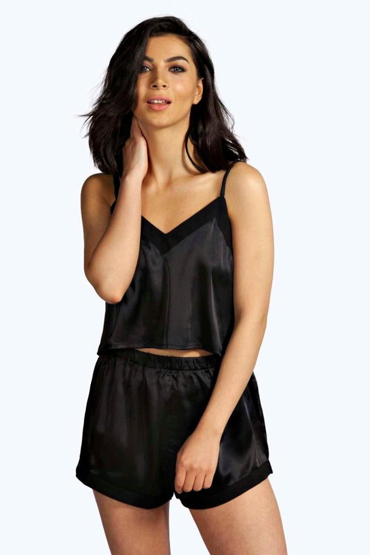 Boohoo Millie Black Satin Crop Tank Top & Short Set Black