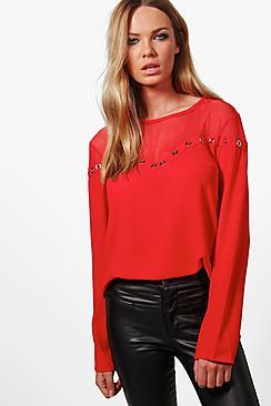 Boohoo Mia Eyelet Detail Mesh Insert Blouse
