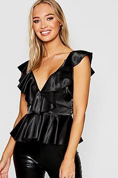 Boohoo Ruffle Front Tie Back Satin Peplum Top