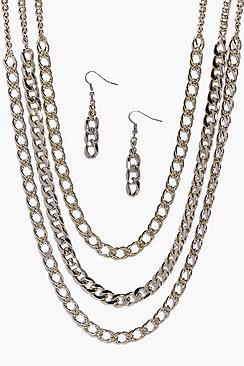 Boohoo Diana Triple Layer Chain & Earring Set