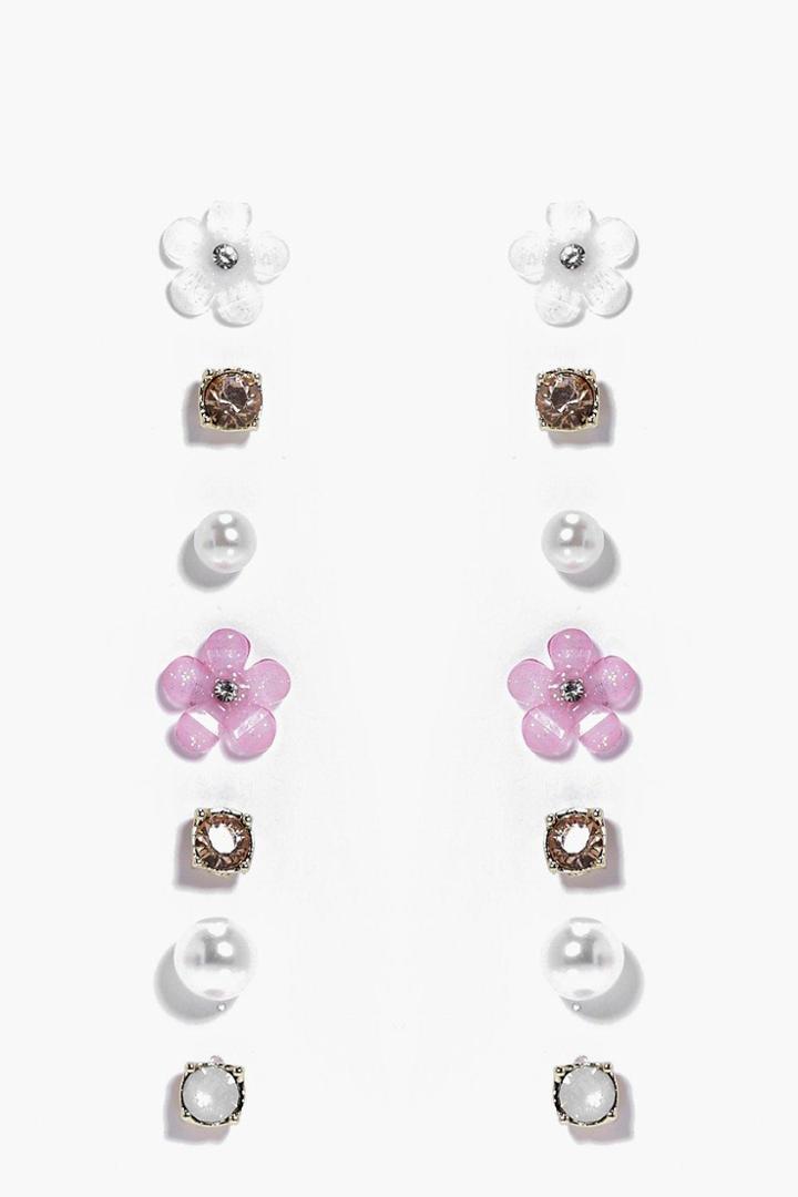 Boohoo Edith Flower & Faux Pearl Stud Earring Set Multi