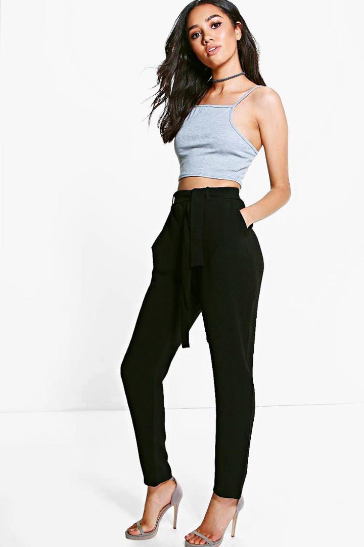 Boohoo Petite Alice Tie Waist Tapered Trouser Black