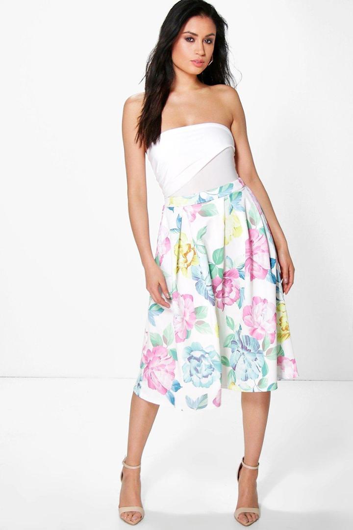 Boohoo Megzhan Bright Floral Box Pleat Skater Skirt Multi