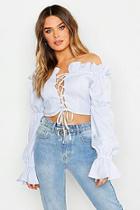 Boohoo Strpe Ruffle Lace Up Crop Top