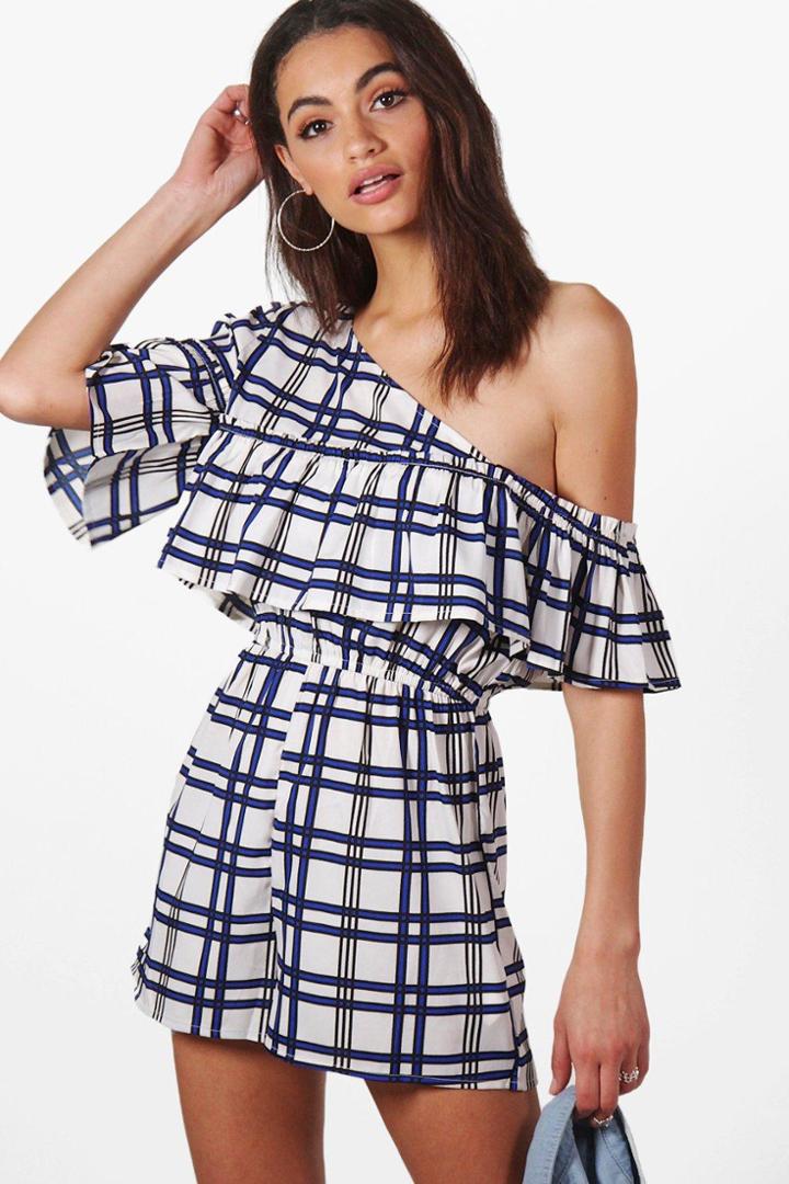 Boohoo Sophia Check Print Asymetric Frill Playsuit Multi