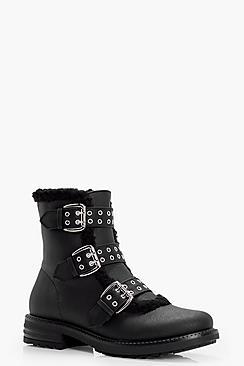 Boohoo Keira Multi Strap Buckle Shearing Hiker Boots