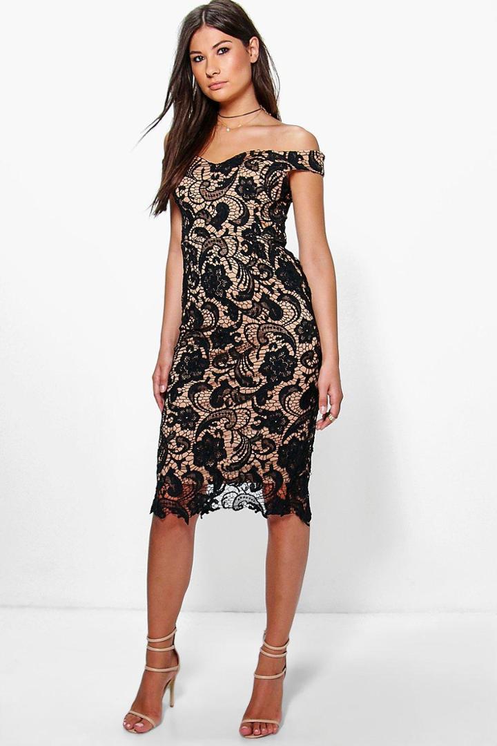 Boohoo Boutique Marcie Lace Off Shoulder Midi Dress Black