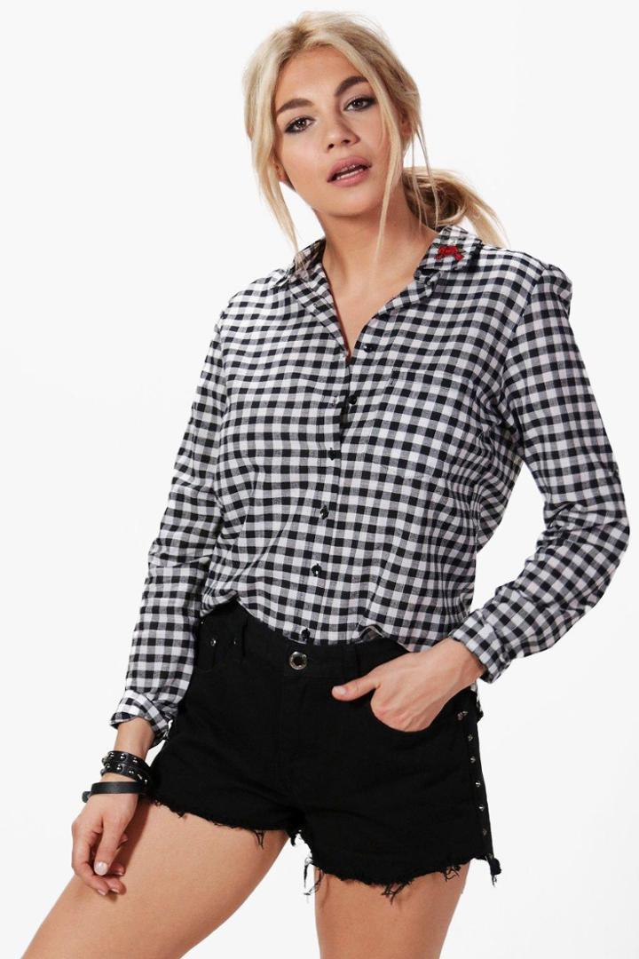 Boohoo Aria Gingham Embroidered Collar Shirt Black