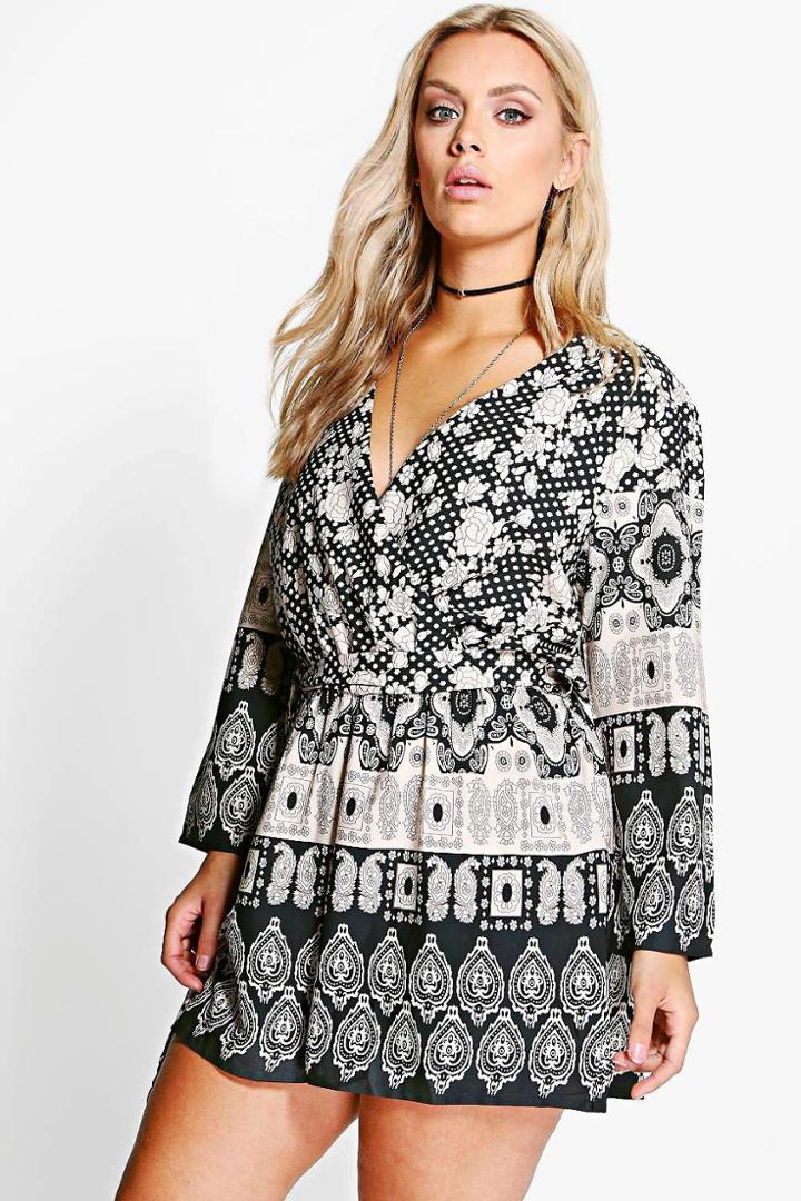 Boohoo Plus Casey Ethnic Printed Playsuit Multi