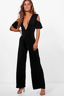 Boohoo Petite Lauren Slinky Plunge Detail Jumpsuit