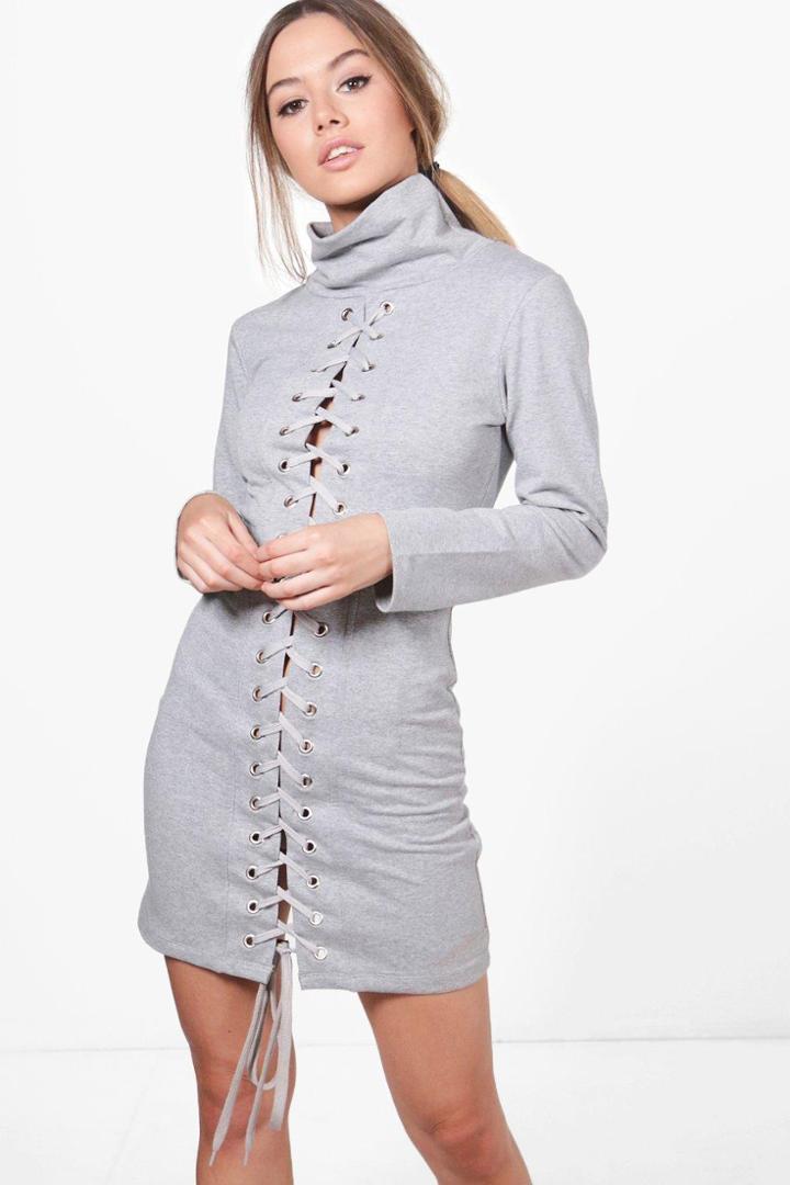 Boohoo Petite Emma High Neck Lace Up Detail Sweat Dress Grey