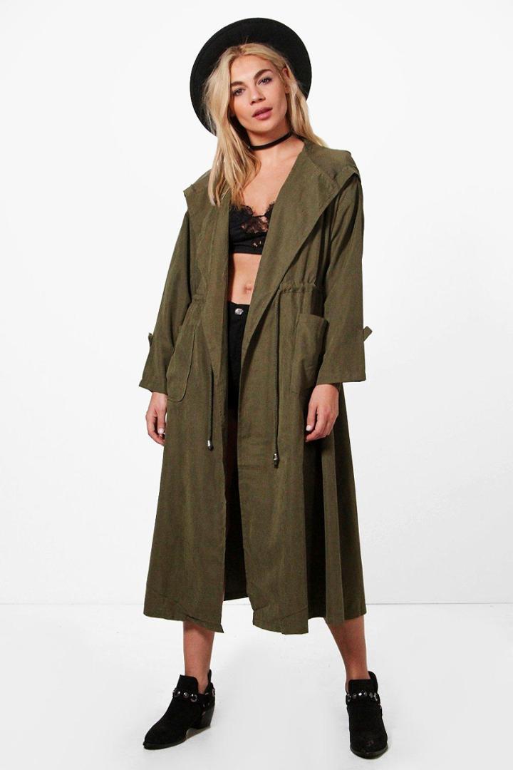 Boohoo Holly Longline Hooded Utility Jacket Khaki