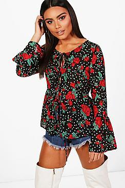 Boohoo Darcy Spot Ruffle Tie Front Blouse