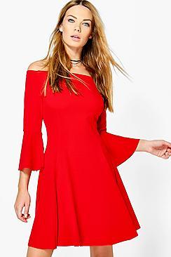 Boohoo Freyja Flare Sleeve Off Shoulder Shift Dress