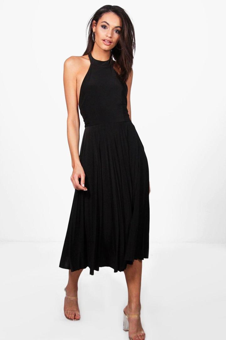 Boohoo Pam Slinky Halterneck Midi Skater Dress Black