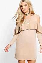 Boohoo Ash Lace Up Cold Shoulder Ruffle Shift Dress