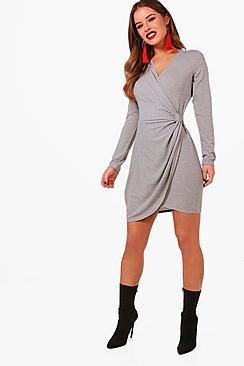 Boohoo Petite Knitted Drape Knot Front Dress