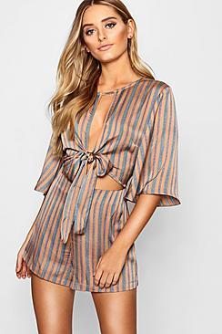Boohoo Tie Front Striped Playsuit