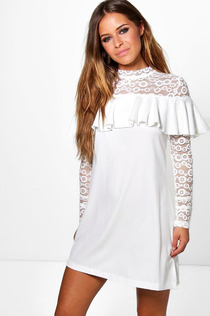 Boohoo Petite Katie Lace Yoke Frill Detail Shift Dress Cream