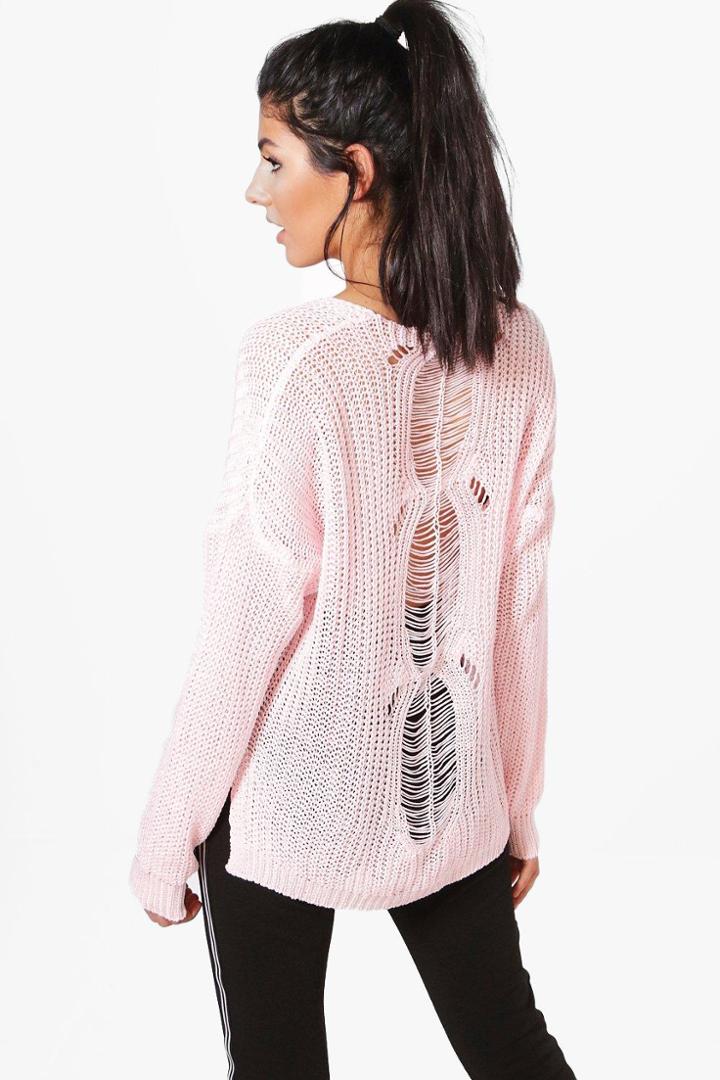Boohoo Georgia Distressed Back Detail Fine Knit Jumper Pink