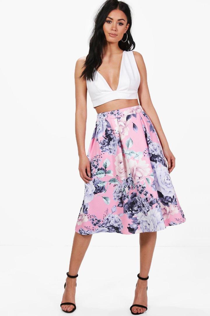 Boohoo Avah Floral Box Pleat Midi Skirt Pink