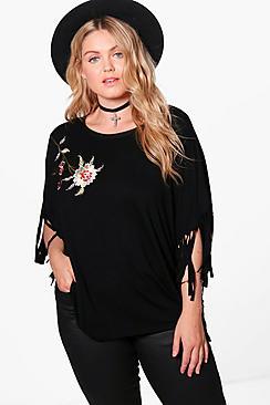 Boohoo Plus Bella Embroidered Fringe Tee