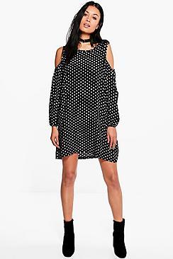 Boohoo Marie Polka Dot Cold Shoulder Swing Dress