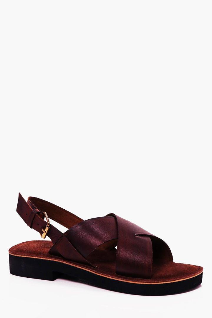 Boohoo Real Leather Heel Buckle Sandles Brown