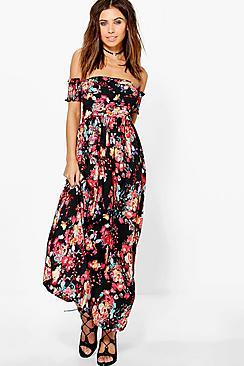Boohoo Petite Sophie Off The Shoulder Shirred Maxi Dress