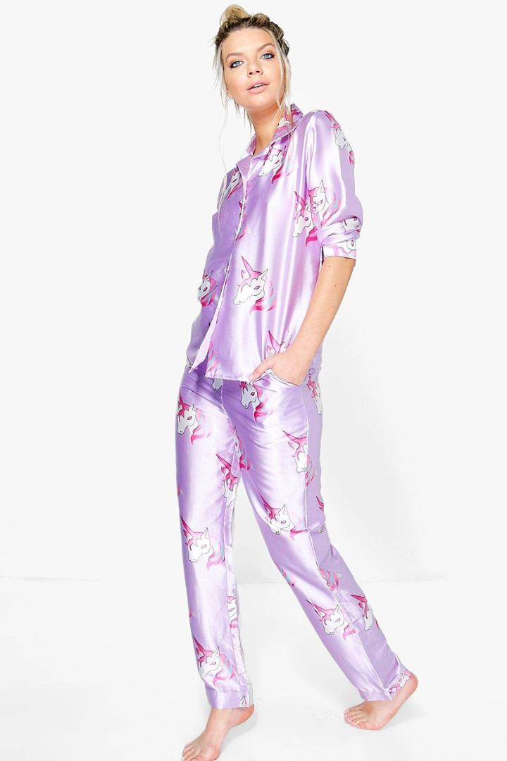 Boohoo Evie Satin Unicorn Print Button Down Trouser Set Purple