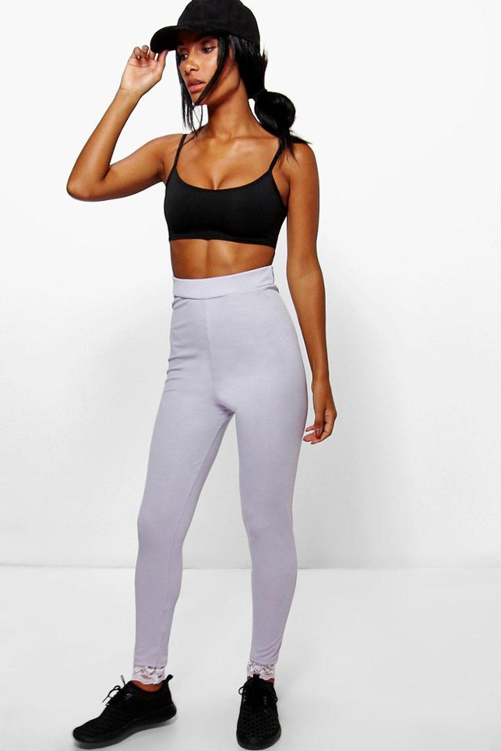 Boohoo Royah Ribbed High Waist Lace Trim Leggings Grey