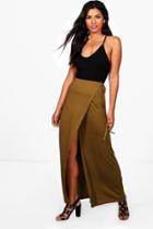Boohoo Eden Asymetric Wrap Tie Maxi Skirt Olive