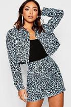 Boohoo Blue Leopard Print Cropped Denim Jacket