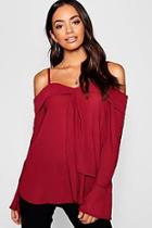 Boohoo Tie Knot Detail Cold Shoulder Woven Top
