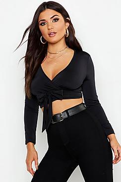 Boohoo Tie Wrap Slinky Long Sleeve Crop Top