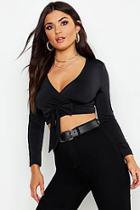 Boohoo Tie Wrap Slinky Long Sleeve Crop Top