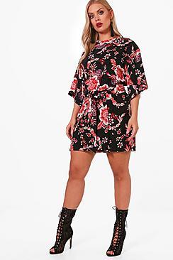 Boohoo Plus Melissa Tie Waist Kimono Sleeve Shift Dress