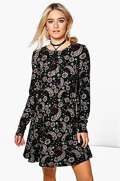 Boohoo Brea Paisley Brushed Knit Swing Dress