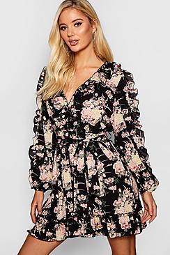 Boohoo Floral Print Frill Detail Skater Dress