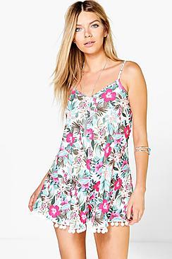 Boohoo Linda Cami Floral Pom Pom Trim Swing Playsuit