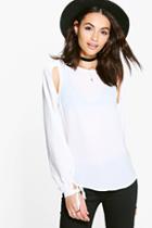 Boohoo Rose Woven Cut Out Tie Sleeve Blouse Cream