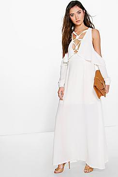 Boohoo Anya Lace Up Detail Open Shoulder Maxi Dress