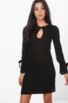 Boohoo Zoe Keyhole Tie Sleeve Knitted Tunic Black
