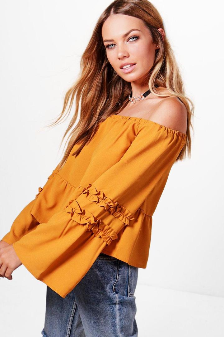 Boohoo Jessie Woven Ruffle Off The Shoulder Top Mustard