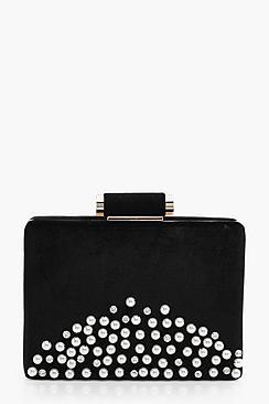 Boohoo Fi Pearl And Diamante Velvet Box Clutch Bag