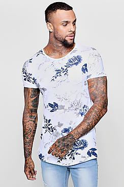 Boohoo Blue Rose Print Longline Curved Hem T-shirt