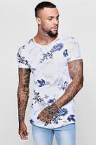Boohoo Blue Rose Print Longline Curved Hem T-shirt